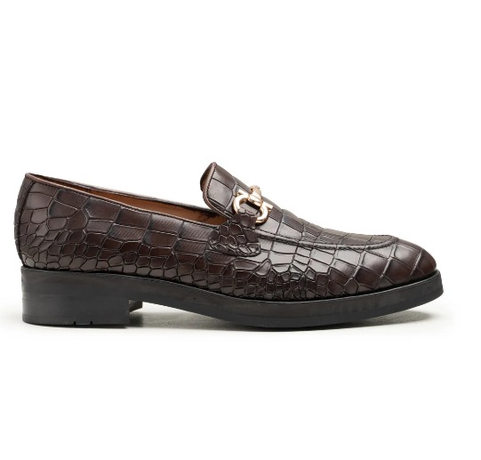 Brown Croc-Embossed Leather Horsebit Loafer view