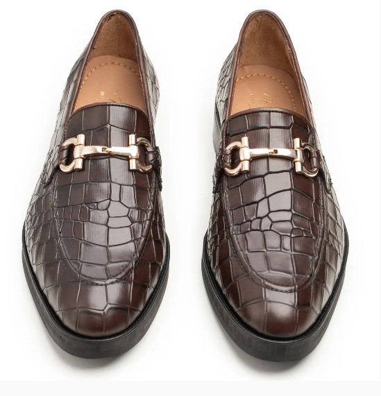 Brown Croc-Embossed Leather Horsebit Loafer view